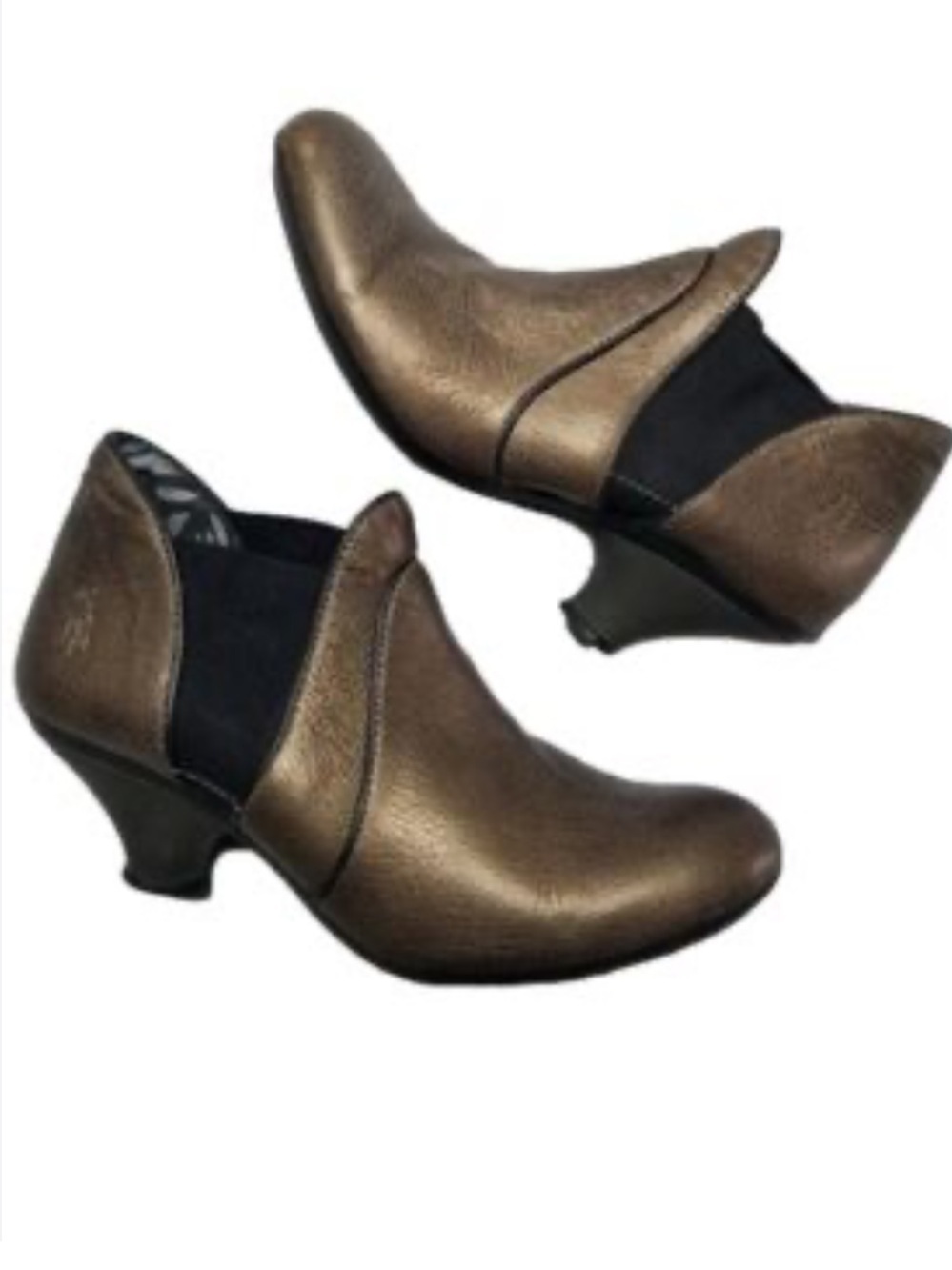 Fly London Metallic Bronze Leather Sculpted Kitten Heel Ankle Boots 8/8.5